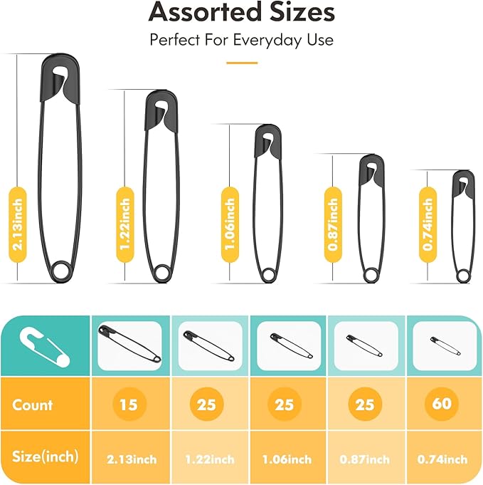 Huhuhero 160PCS Black Safety Pins for Clothes, 5 Assorted Sizes Pin Bulk
