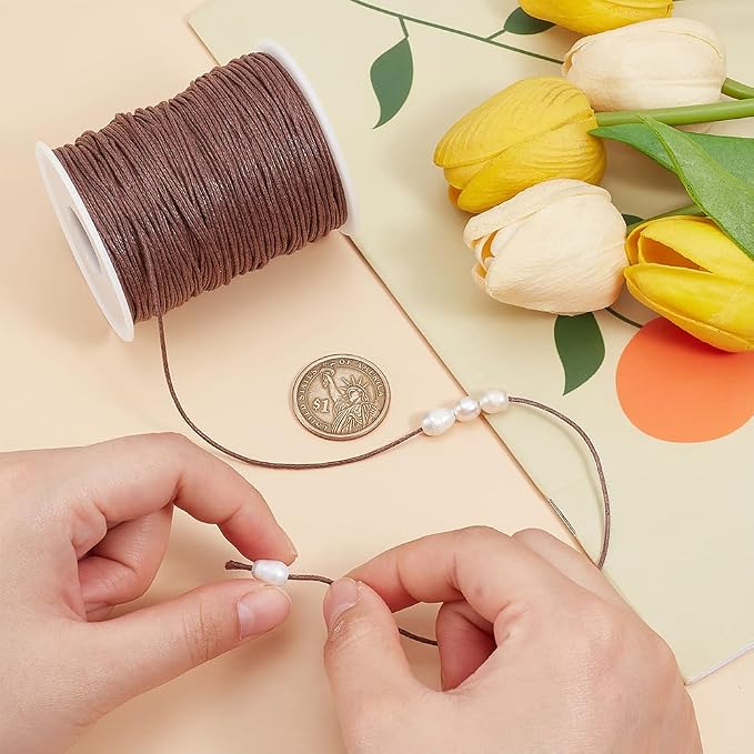 PH PandaHall 1mm Waxed Cord,100 Yards Waxed Cotton Cord Brown Waxed Thread Beading String Waxed Craft String for Bracelet Necklace Jewelry Waist Beads Making Crafting Beading Macrame