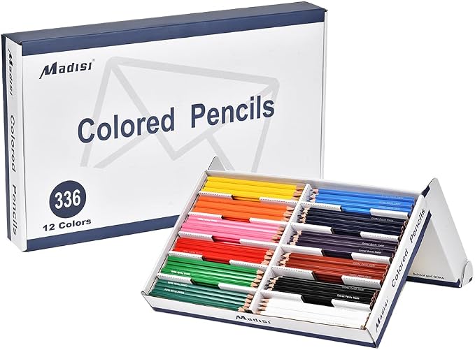 Madisi Colored Pencils Bulk, Pre-Sharpened, 12 Assorted Colors, 336 Pack | Classroom Color Pencils for Kids Coloring, Large Box of Class Supplies Set