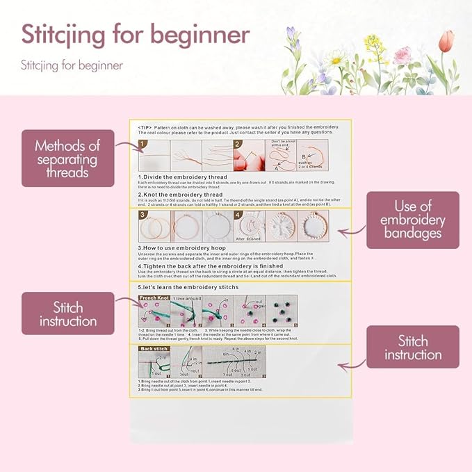 wtisan 4 Pack Embroidery kit for Beginners Cross Stitch Kits for Adults | DIY Needlepoint Kits with Flower Patterns, Embroidery Tools, Threads, Step by Step Instructions, Hand Craft Lover Gift