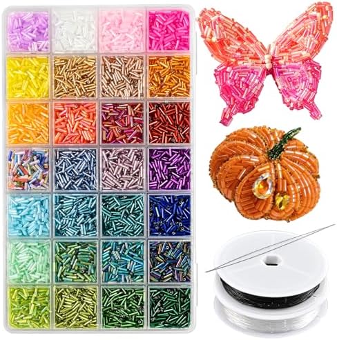 Tube Beads Kit, 7 mm Glass Tube Seed Beads 28 Colored Bugle Embroidery Beads Supplies for DIY Crafting Bracelet Necklaces Jewelry Gift Making & Home Decoration