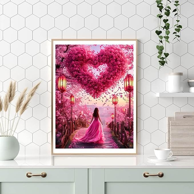WNPOKN Pink Rose Heart with Girl Diamond Art Kits for Adults 12x16Inch