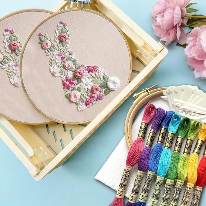 YOUDRN Bunny in Bloom Embroidery Kit for Beginners, Bunny Embroidery
