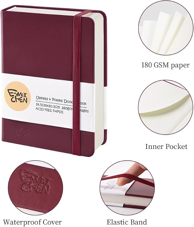5.7x4.1in Hardcover Blank Sketchbook for Drawing 180gsm 96Pages,Wine Red