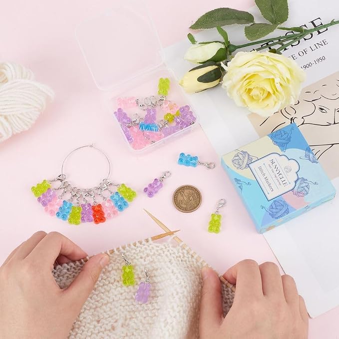 SUNNYCLUE 1 Box 30Pcs Stitch Markers Knitting Bear Stitch Marker Charms Knitting Markers Charm Cute Leverback Locking Stitch Marker for Knitting Weaving Sewing Needleworks Women DIY Crafts Gift