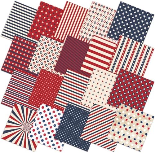HunnmingRe 20 Pcs 10x10'' Patriotic Quilting Fabric Square Red White Blue Precut Fabric Bundle 4th of July USA Flag Star Patchwork Material for Memorial Day Sewing DIY Craft 250 Anniversary Supplies
