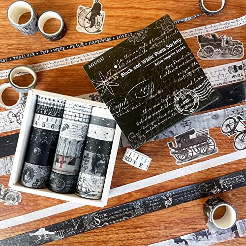 20 Rolls Vintage Washi Tape Set & 30 Pcs Black Retro Sticker, Wide Floral Aesthetic Masking Tape for Scrapbook Supplies,Junk Journal,Planner,DIY Decor, Craft (Black)