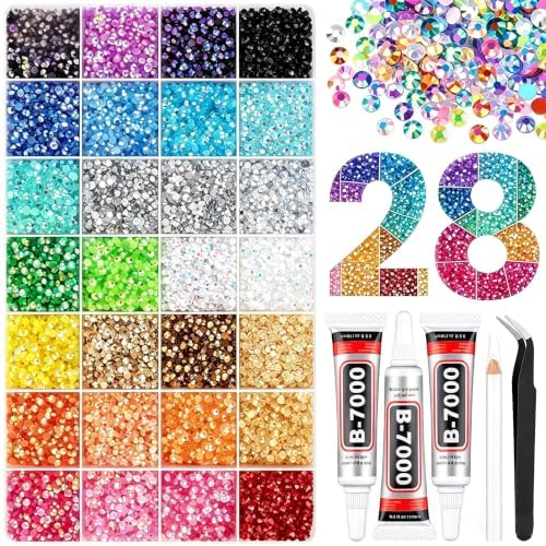 Cublive 28000 Pcs Resin Rhinestones for Bedazzling, 3mm Flatback Gems, Bedazzling Kit with B7000 Jewelry Glue and Tools for DIY Arts and Crafts Diamond Art