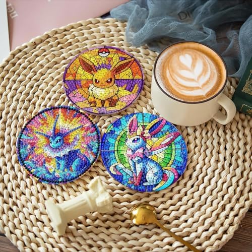 nekpiahu 8Pcs Diamond Painting Coasters with Holder,DIY Cartoon Life Coaster Diamond Art Kits for Adults, Beginners Round Full Drill Diamond Art Craft Supplies