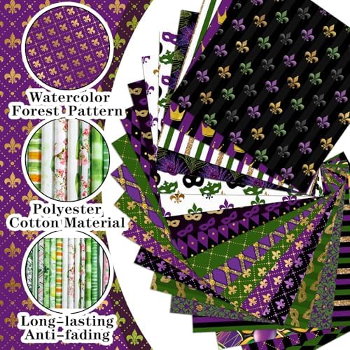 HunnmingRe 20 Pcs 10''x10'' Mardi Gras Quilting Fabric Square Bundle Lily Flowers Masquerade Precuts Quiltted Fabric Purple Green Gold Printed Patchwork Supplies for DIY Material Sewing Crafts