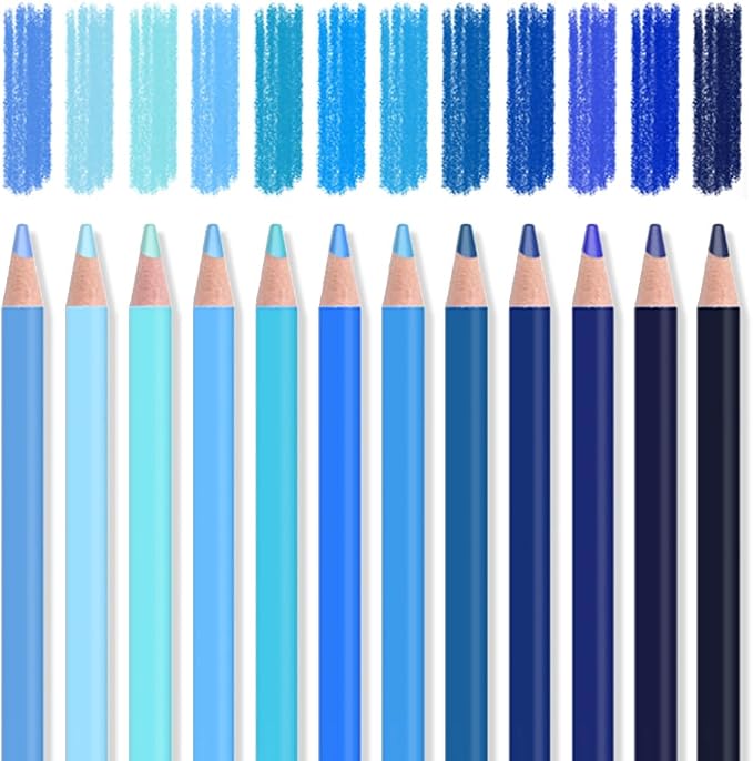12Pcs Blue Colored Pencils Set,Professional Drawing Pencils for Adults | Oil Soluble,No Duplicates,Pre-sharpened Wooden Sketch Pencil Art Supplies for Coloring Books