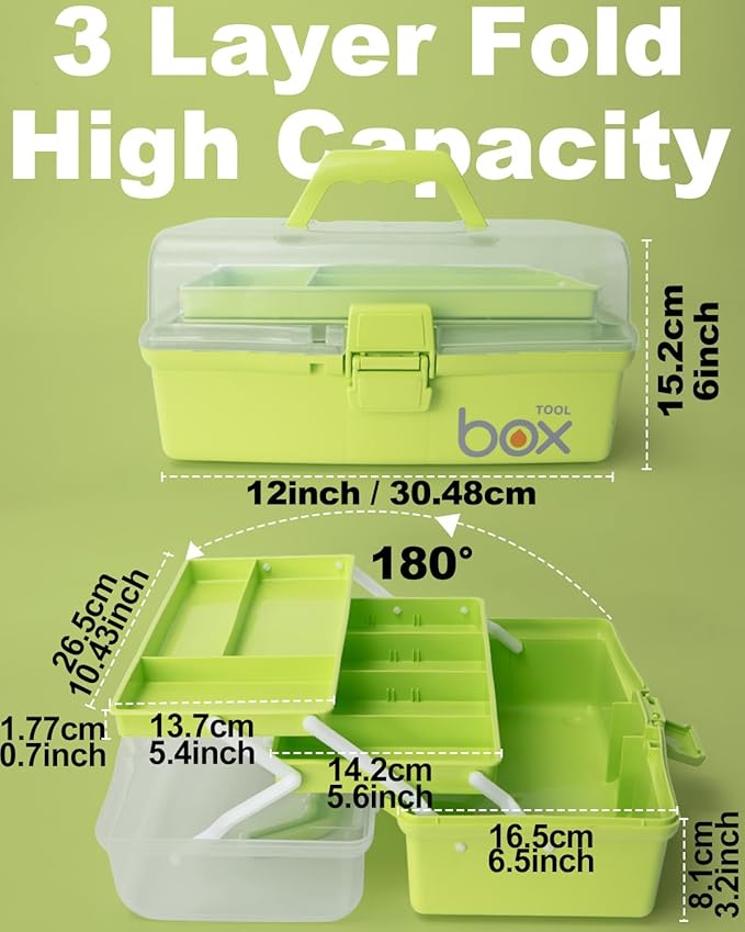 TERGOO 12in 3-Layer Plastic Craft Organizers and Storage, Portable Folding Tackle Box with Handle & Adjustable Dividers, Multipurpose Case for Sewing, Art Supplies, Medicine, Tools (Green)