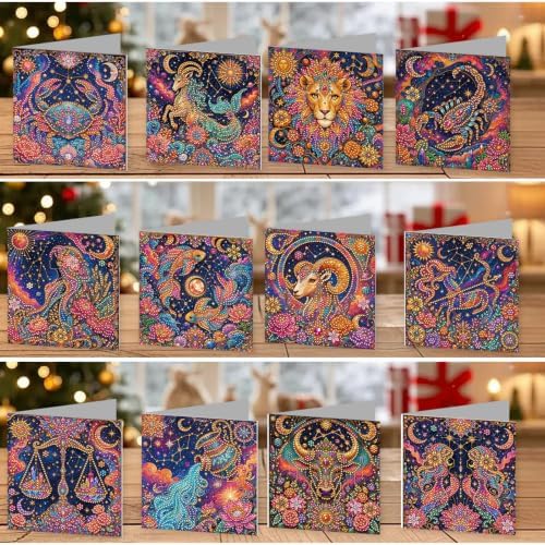 POETRYDRAW DIY Diamond Art Painting Greeting Card Kit, Creative Craft Set for Card Making，12 Zodiac Signs