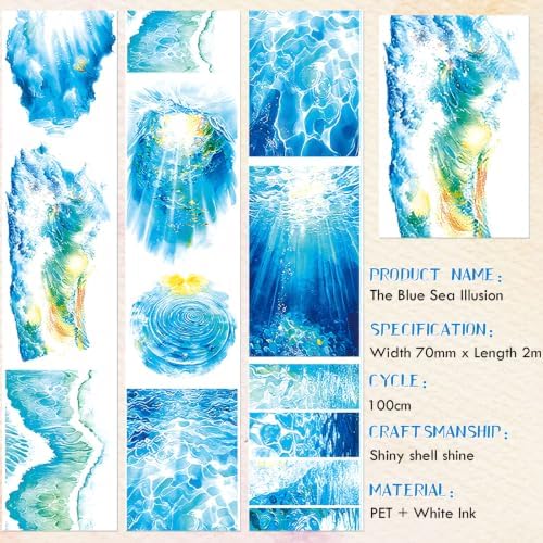 Sitsink PET Tape for Journal Scrapbooking - Blue Ocean PET Tape Stickers for Crafts Junk Journal Supplies Notebook Scrapbook DIY Decor Ornament