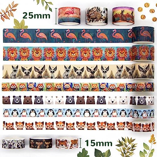 WAPETASHI Cute Washi Tape Set, 38 Rolls Animals Washi Tapes for Journaling Supplies, 25mm & 15mm Wide Kawaii Tape for Scrapbooking, Planners, DIY Crafts, Gift for Kids