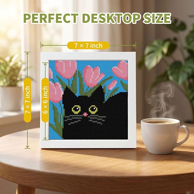 Black Cat Stamped Cross Stitch Kits for Beginners Adults with Framed | Flower Needlepoint Counted Cross Stitch Kits for Beginners Adults with Framed Embroidery Kits Arts and Crafts 6 x 6 inch