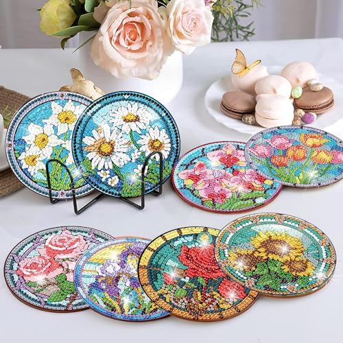 Diamond Art Coasters Kit, 8 Pieces Flowers Diamond Painting Coasters Kit