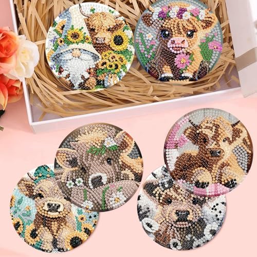 Diamond Art Coasters Kit,8 Pcs Highland Cow Diamond Painting Coasters Kit