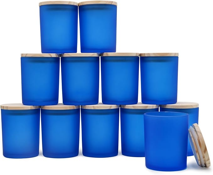 SHOWIN Thick Candle Jars for Making Candles 12 Pcs, 7 OZ Empty Jars with Wood Lids for Candle Making, Sample Container, Frosted Blue