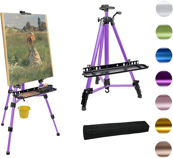 Easel for Painting, Portable & Foldable Easels Stand, Height-Adjustable 22'' to 62'', Equipped with Tray, Water Bucket Hook, Spirit Level, Compass & Carrying Bag for Art Display,Travel - Purple