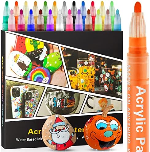 Acrylic Paint Pens Markers-24 Colors Waterproof Paint Pens for Rock Painting,Graffiti, Stone, Ceramic, Glass, Wood, Fabric, Canvas, Porcelain, Metal,Pumpkins,Water Based Quick Dry Non-Toxic No Odor