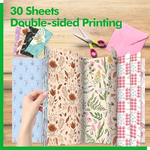 30 Sheets Vintage Style Paper Pad, Double-Sided Scrapbook Paper Retro Design with Flowers, Plants & Stripes, Decorative Scrapbooking Supplies For Card Making, Album, Stamping, Background Decoupage