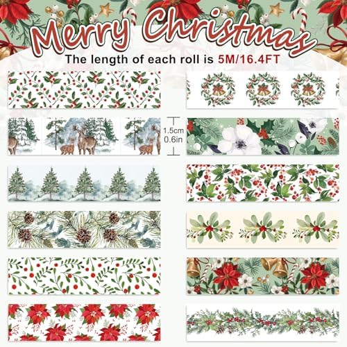 Whaline 12 Rolls Christmas Floral Washi Tape Xmas Watercolor Berry Holly Leaves Pine Cones Elk Bell Plants Masking Tape Winter Holiday Decorative Tape for Scrapbook Journal DIY Craft Gift Wrapping