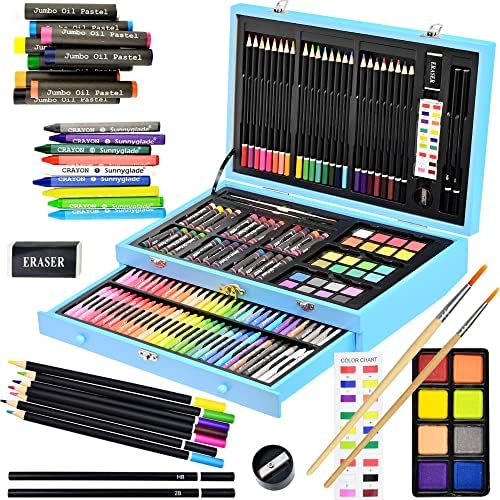 Sunnyglade 145 Piece Deluxe Art Set Wooden Art Box & Drawing Kit Blue