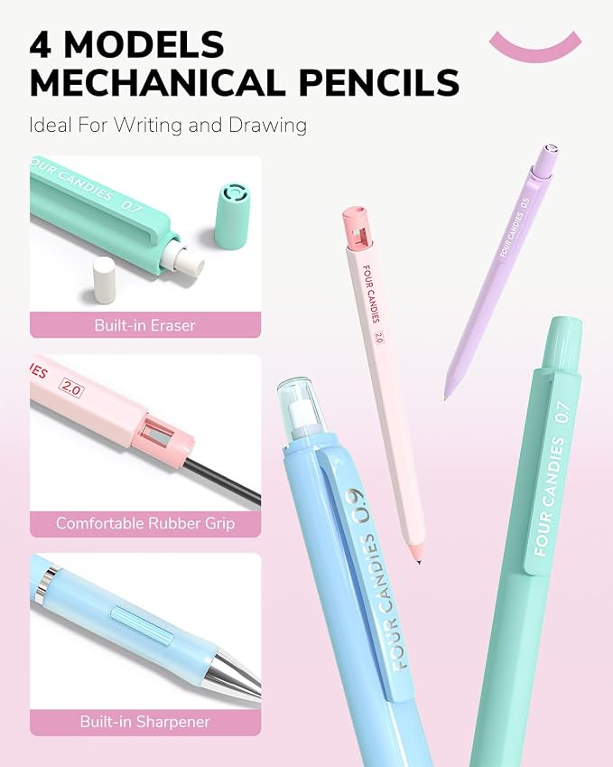 Four Candies 36PCS Mechanical Pencil Set with 624 Lead Refills (Light Pink)