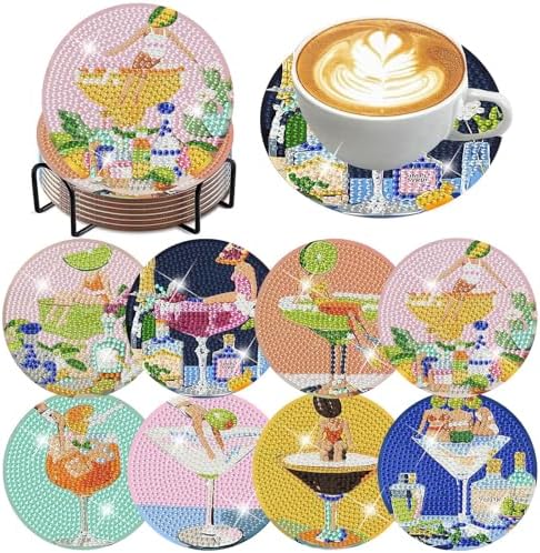 ijbnhd 8 Pcs Cocktail Diamond Art Coasters Kits, 4x4 inch (Cork Wooden Pad)