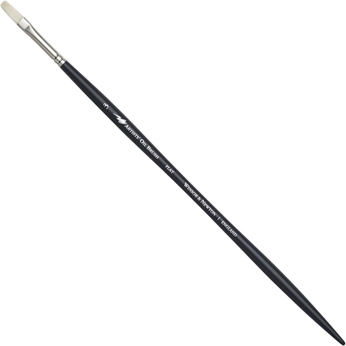 Winsor & Newton Artists' Oil Hog Paint Brush, Long Handle Size 3, Flat | Handcrafted with interlocked Chungking bristles; Have spring, stiff, & flagged allowing large amounts of colour to be carried