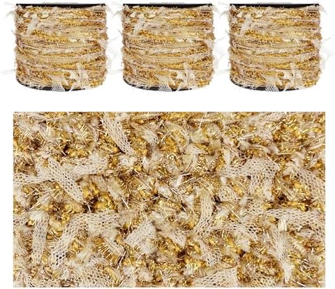 Artisanal Yarn Collection Multifiber Fancy Yarn with Golden Shimmering Threads for Knitting Crocheting Crafts DIY, Set of 3 Rolls (Royal Gold)