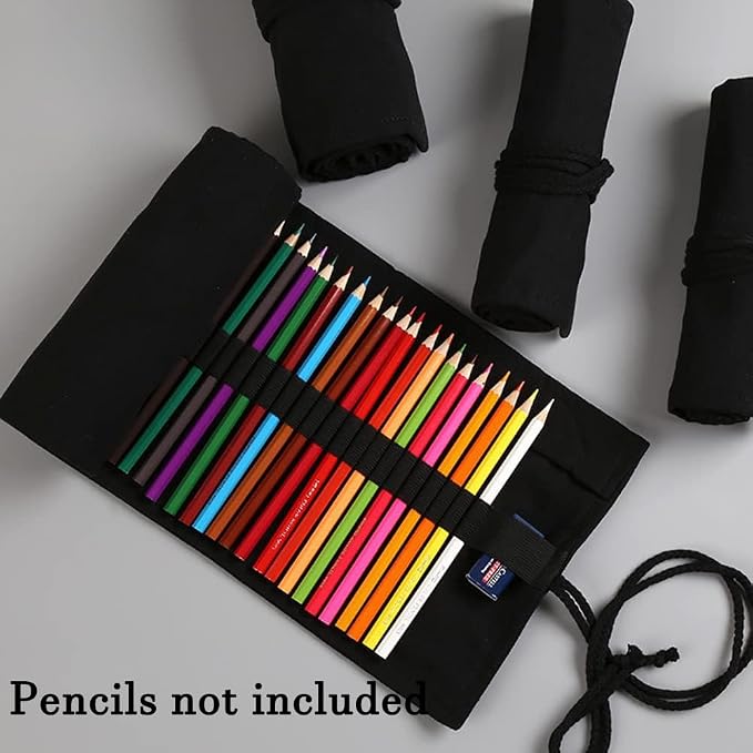 DIYOMR 24/36/72 Slots Pencil Wrap Pencil Rolls, Artist Colored Pencils Roll Up Bag Short Brushes Pouch Case Pencils Organizer for Drawing Coloring and Sketching,No Pencils (Black, 36slots)