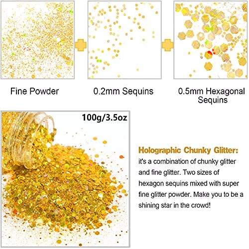 HEMOER Gold Glitter, 100g/3.5oz Holographic Chunky Glitter Mixed Hexagon Chunky & Fine Flakes Iridescent Sequins for Epoxy Crafts, Resin, Nail Body, Tumblers, Party Decoration