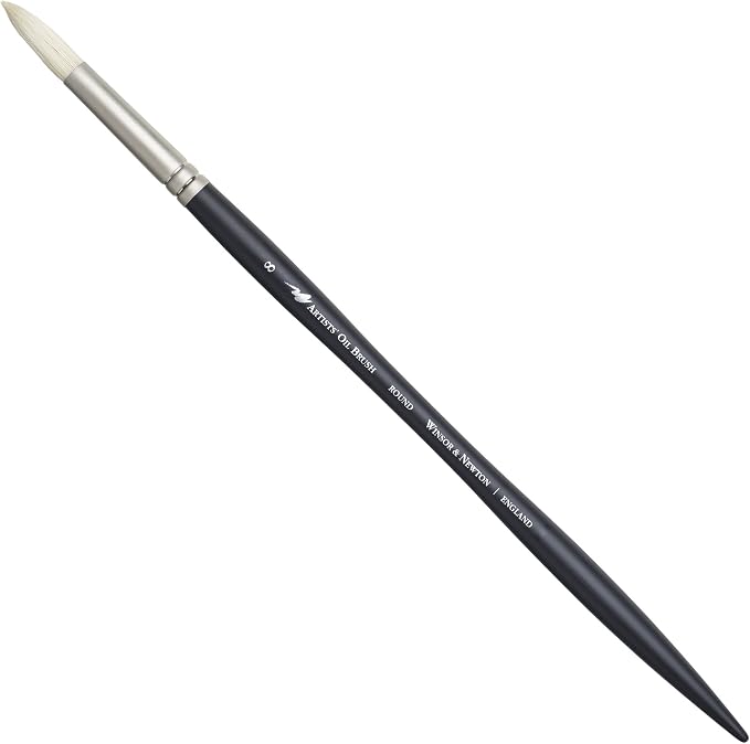 Winsor & Newton Artists' Oil Hog Paint Brush, Long Handle Size 8, Round | Handcrafted with interlocked Chungking bristles; Have spring, stiff, & flagged allowing large amounts of colour to be carried