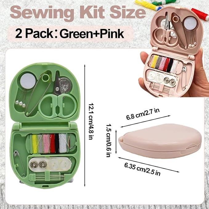 REROON 2 Pack Mini Travel Sewing Kit for Adult & Kid | Portable Sewing Box Kit Bulk | Small Emergency Repair Set with Thread Scissors Needle for Travel, Beginner DIY Handcraft | Pink + Green