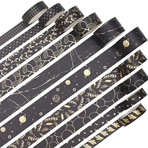 Creative Washi Tape Set 10 Rolls Gold Foil Print Decorative Masking Tapes for Arts, DIY Crafts, Journals, Planners, Scrapbook, Wrapping (Gold Dark)