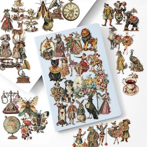 50 Pcs Vintage Victorian Ephemera Stickers – Clear Scrapbooking Supplies with Retro Animals, Flowers, Circus & Antique Objects – Aesthetic Journal Decor for Resin Crafts, Journals, Planners