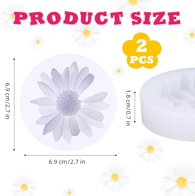 2 PCS Daisy Flower Silicone Molds, Chrysanthemum Resin Candle Molds, 3D Flower Fondant Mold for DIY Cake Chocolate Soap Wax Clay Craft Decoration (Daisy)