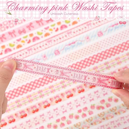 icceemee 36 Rolls Sweet Pink Theme Washi Tape Set with Different Colorful Patterns, Writable Decorative Tapes for Scrapbooking, Junk Journal Supplies, Bullet Journaling, 0.39'' x 79'' per Roll