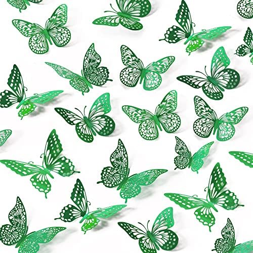 SAOROPEB 3D Butterfly Wall Decor 48 Pcs Dark Green Butterfly Decorations | 4 Styles 3 Sizes, Green Birthday Butterfly Party Decorations Butterfly Cake Decorations, Removable Stickers