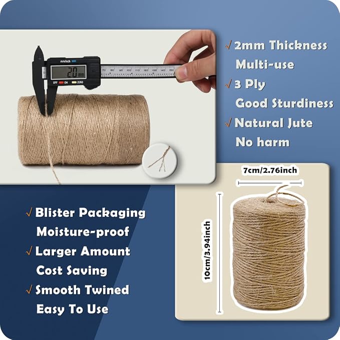PerkHomy Natural Jute Twine 600 Feet Long Twine String for Crafts Gift Wrapping Packing Gardening Crochet Knitting Macrame Decor (Brown 2mm * 600feet) (Pack of 3)