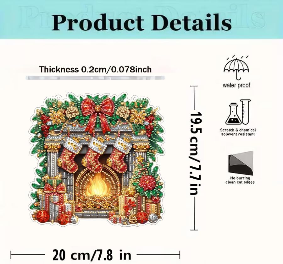 EIBEILI Diamond Art Painting Kits Special Shaped Rhinestone 5D Diamond Art Window Pendants Home Garden Wall Hanging Kits Hanging Ornament，Double Sided（Christmas Fireplace ）
