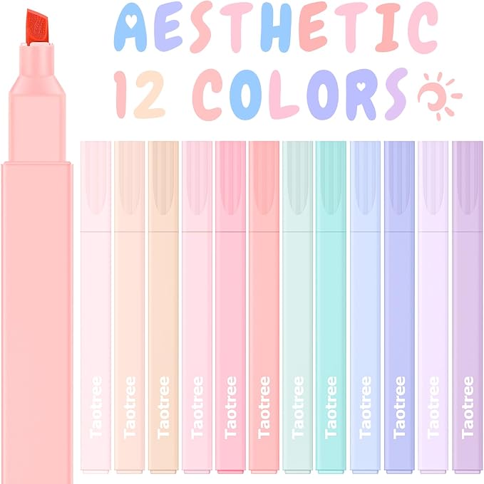 Taotree 12Pcs Aesthetic Cute Highlighters Assorted Colors, Back to School
