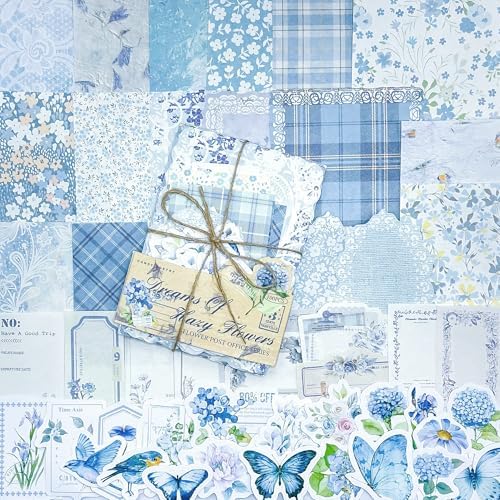 100Pcs Light Blue Vintage Scrapbook Paper & Journaling Stickers Set, Mix Sizes Antiqu Printed Craft Paper, Retro Floral Design Junk Journal Supplies for DIY Card Making, Journaling, Photo Album