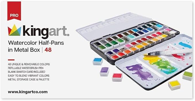 KINGART PRO Artist, Tin Box with Water Brush Watercolor Half-Pans, 48 Vibrant Colors Piece