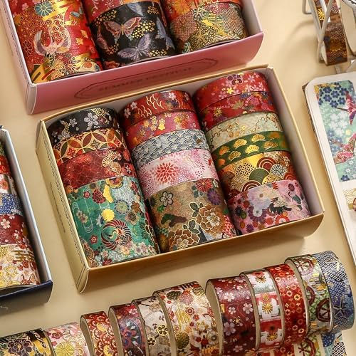 15 Rolls Japanese Sakura Washi Tape Set, Traditional Kimono Decorative Masking Tapes with Gold Foil, Cherry Blossom Arts for Craft, Scrapbook, DIY, Gift Wrapping (1-Sakura Court Splendor)