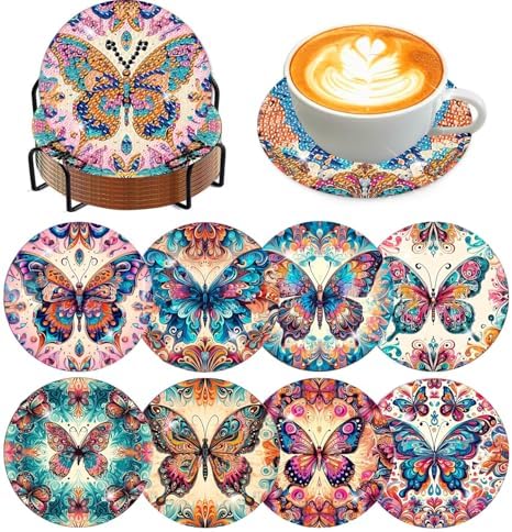8 Pcs Diamond Art Coaster Kit for Adult with Holder, Diamond Coasters 4x4in