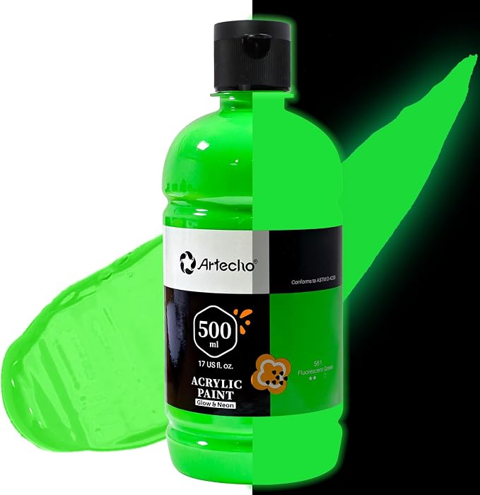 Artecho Green Glow in the Dark Acrylic Paint 500ml / 17oz Large Bottle