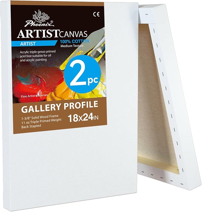 PHOENIX 18x24 Inch 2 Pack Gallery Canvas - 1.5 in Thick Large Canvases for Painting - Deep Edge 100% Cotton 11 Oz. Gesso Primed White Blank Professional Canvas Oil & Acrylic Paints